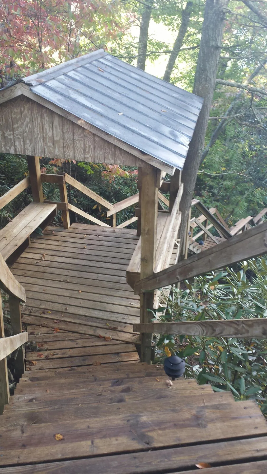 Metal roofed shelter over wooden steps on a wooded walkway — Skylight Repair & Installation work by our crew in Beatty